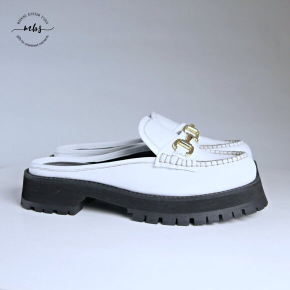 Nasty Gal Leather Chunky Backless Loafers White Gold Women UK 8 EU 41 US 10 - Picture 2 of 15